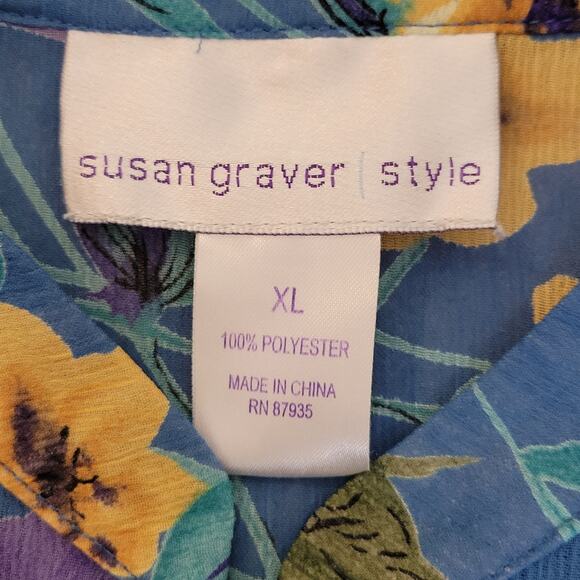 Susan Graver Style Size XL Button Front Sheer Tropical Crinkle Chiffon Tunic Top - Picture 13 of 15